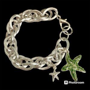 Silver Sea Life Starfish Charm Bracelet 8-8.5" Chain Beach Plus Size Plated